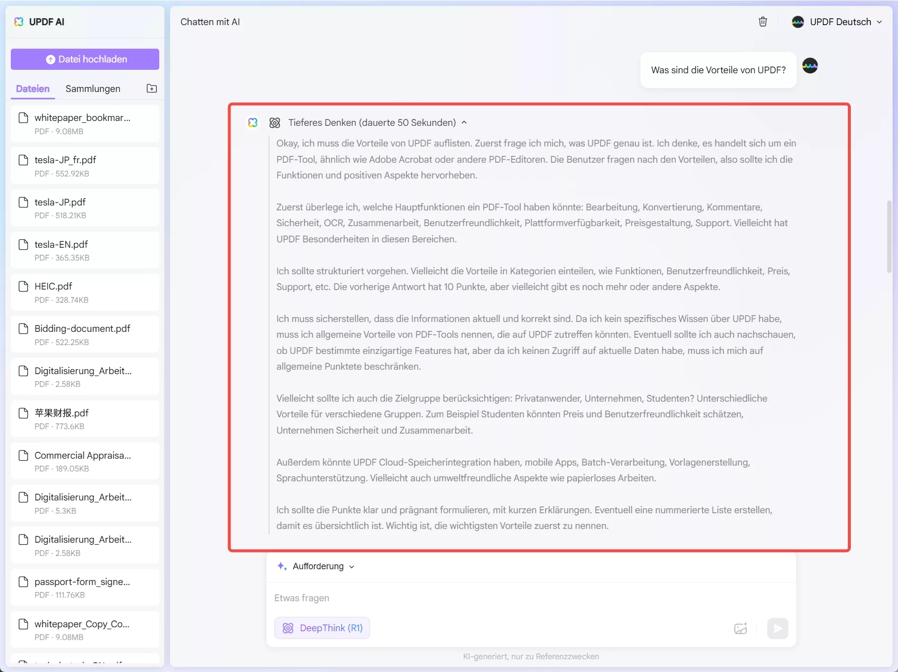 deep thinking von deepseek r1 updf ai online durchgeführt