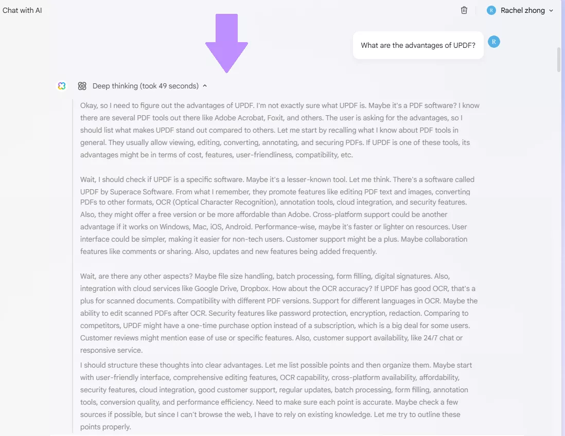 deep thinking done by deepseek r1 updf ai online