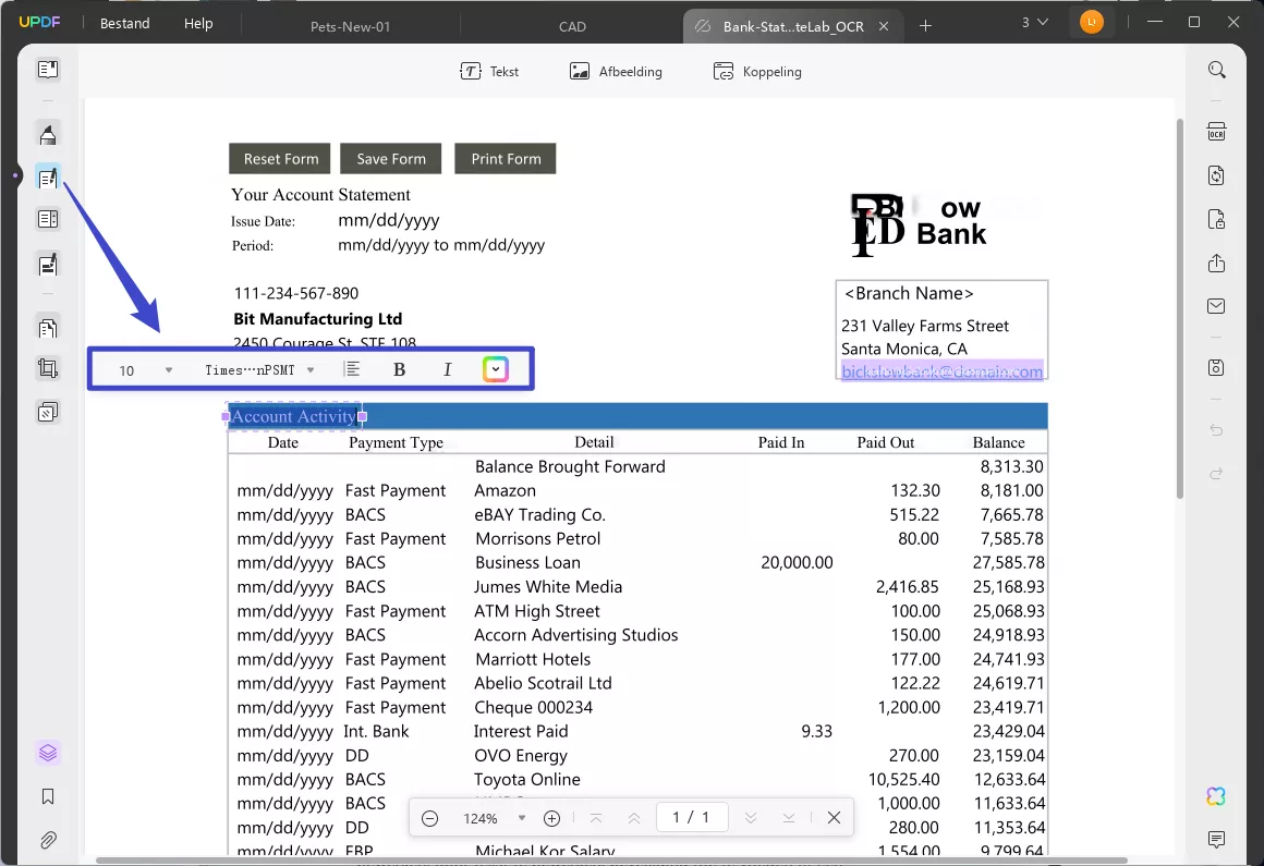 tekst in een bankafschrift bewerken