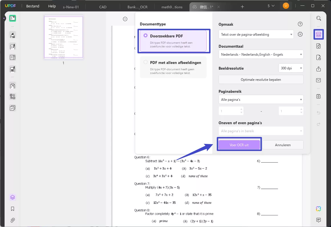 Pas de instellingen aan en klik op OCR uitvoeren in updf voor vergelijking in gescande PDF