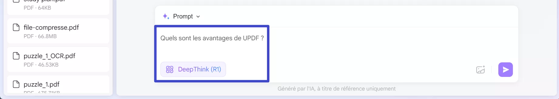 entrez votre prompt pour utiliser deepseek r1 updf ai en ligne