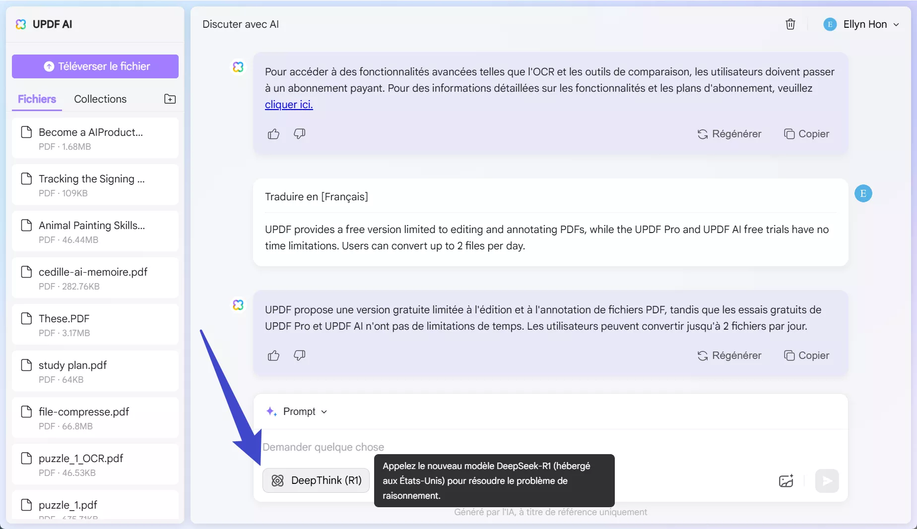 activer deepthink r1 dans updf ai en ligne