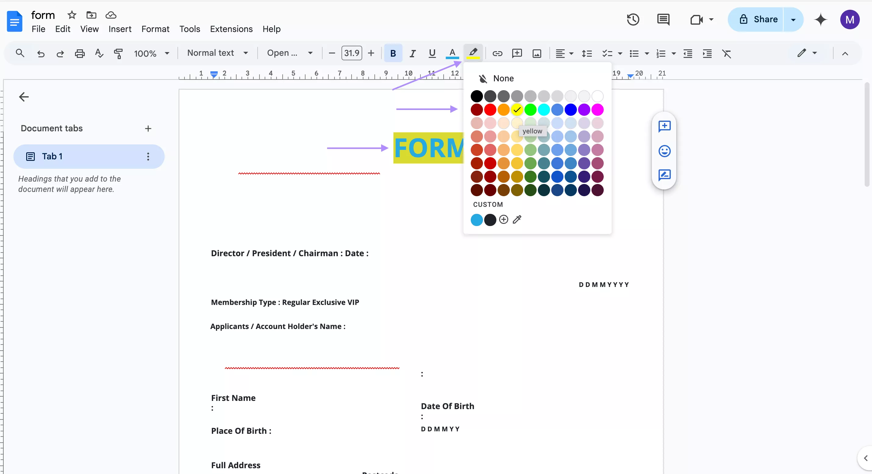 highlight text in the google docs