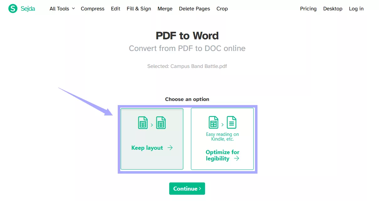 select a conversion option sejda online