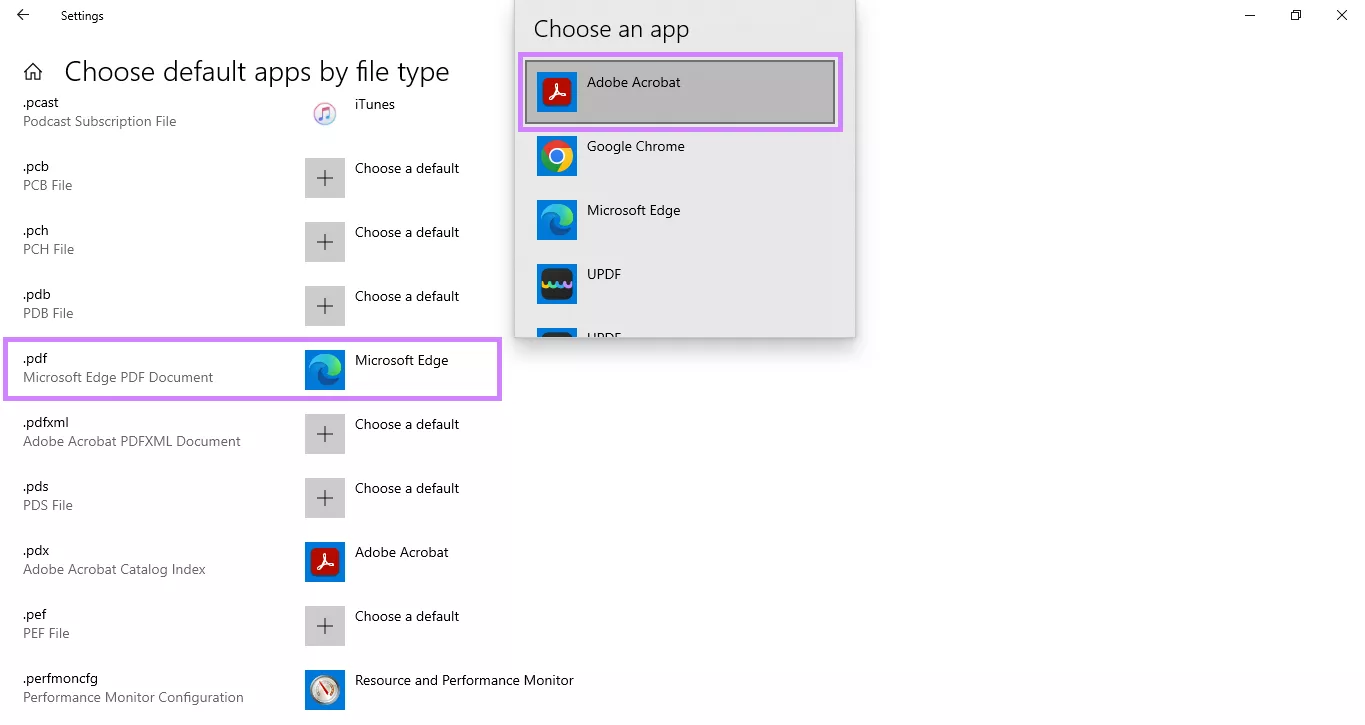 select adobe acrobat as the default app windows