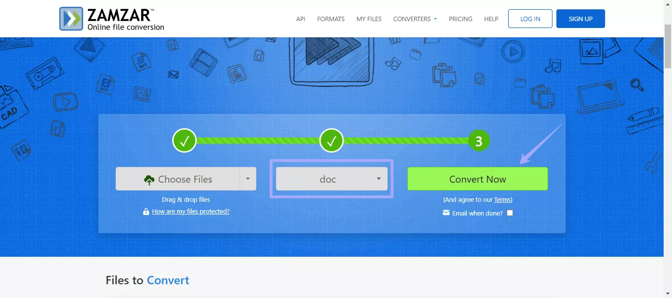 select format and click convert in zamzar