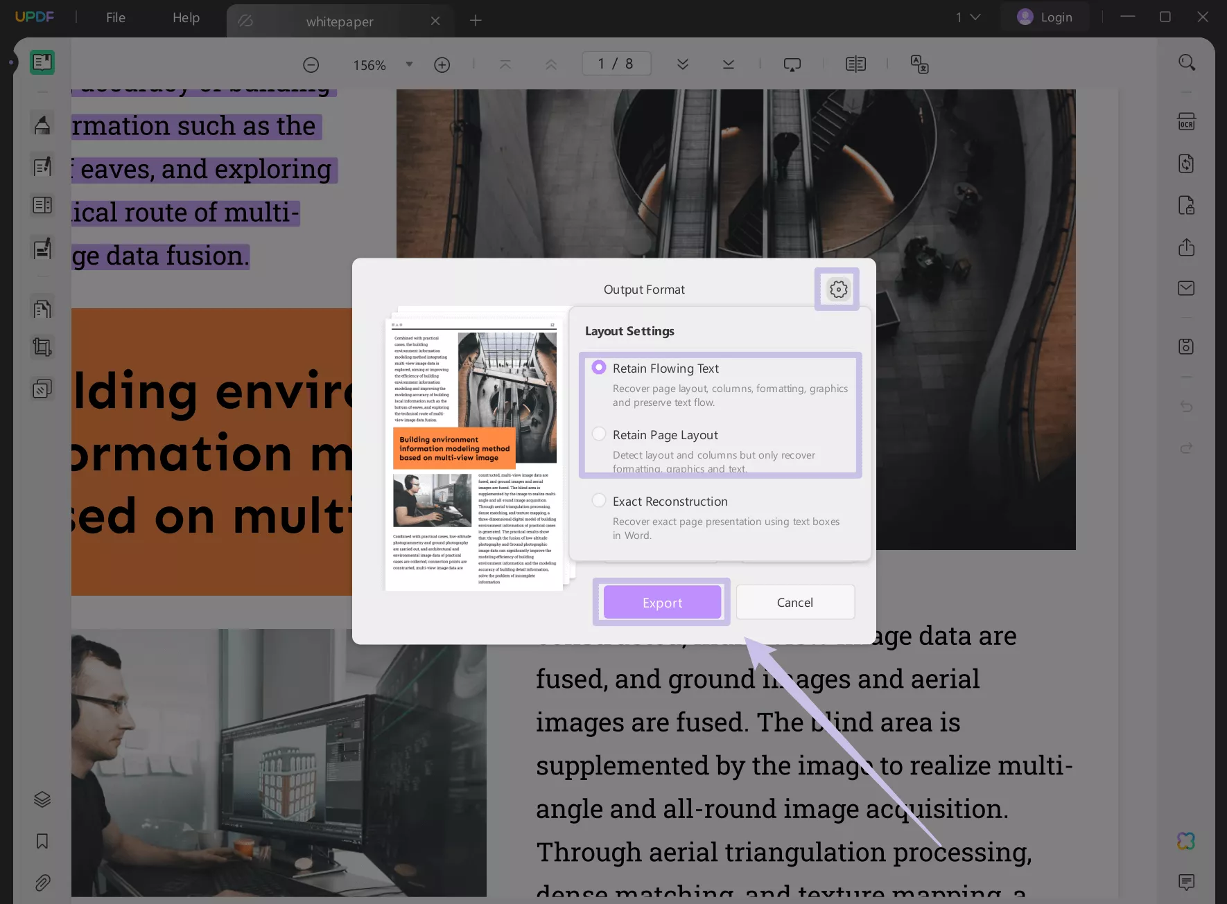 settings to export pdf to word updf