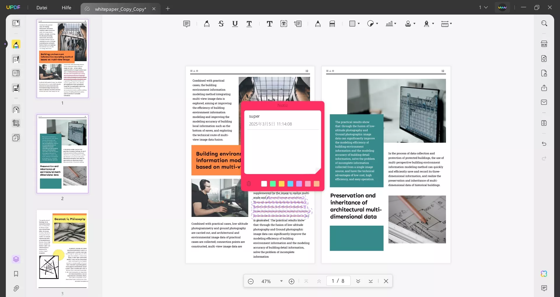 Haftnotizen aus dem Kommentarmodus anklicken