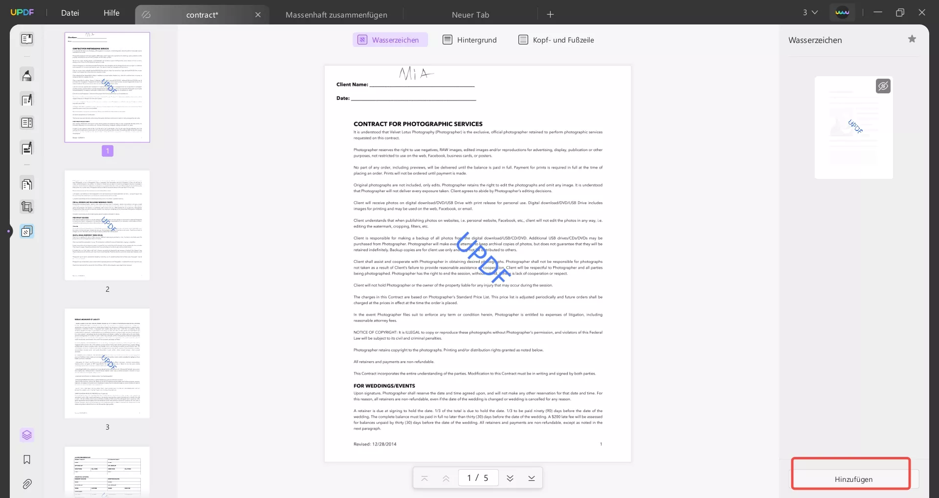 Zugriff auf die Tools der Wasserzeichenfunktionsseite