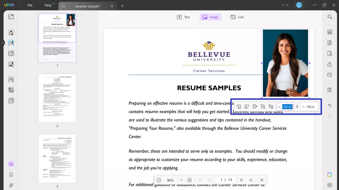 adjust image size on resume file updf windows