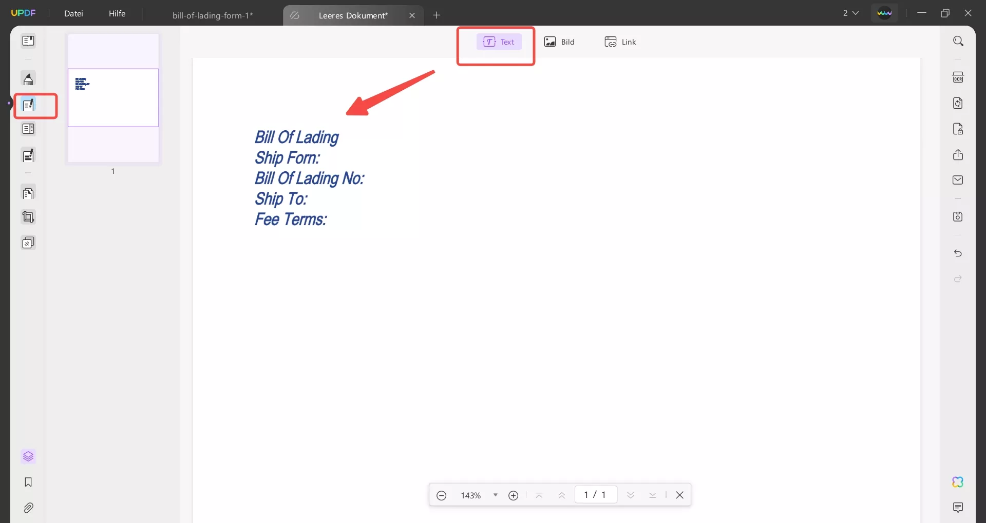 Text zum Dokument hinzufügen