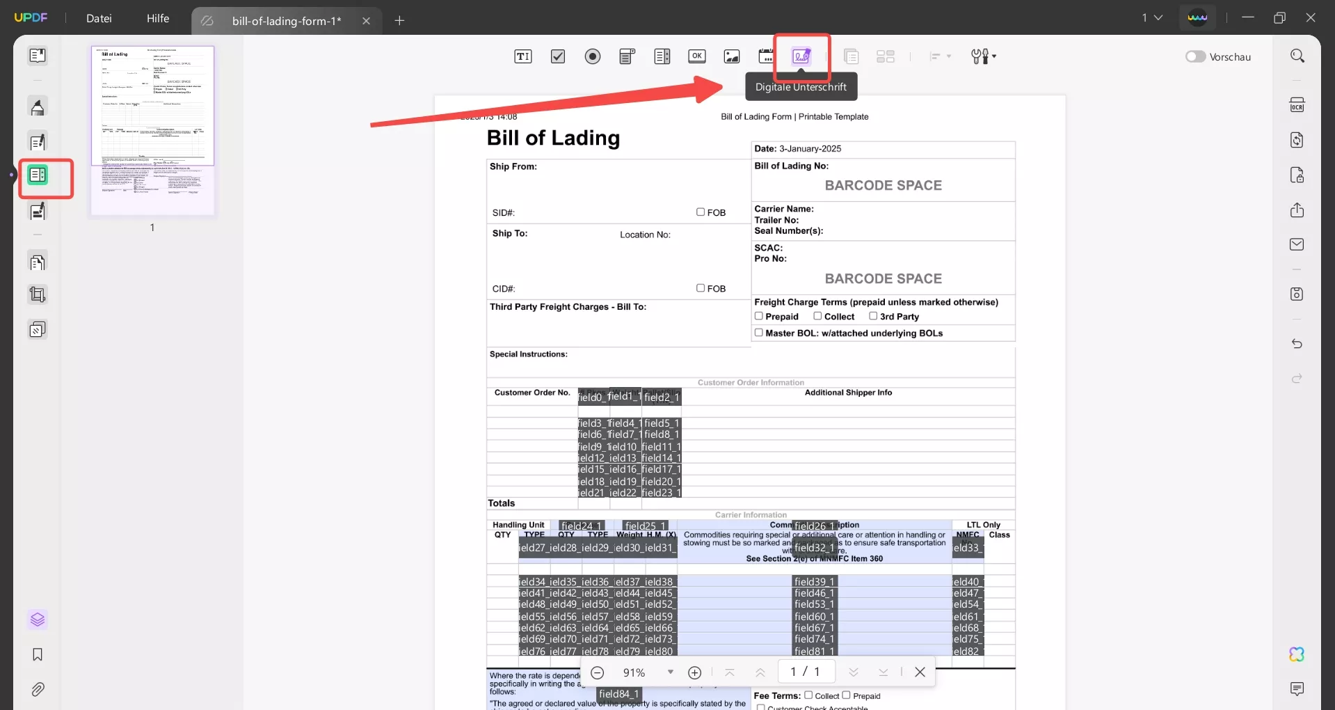 Zugriff auf die Option zur digitalen Signatur