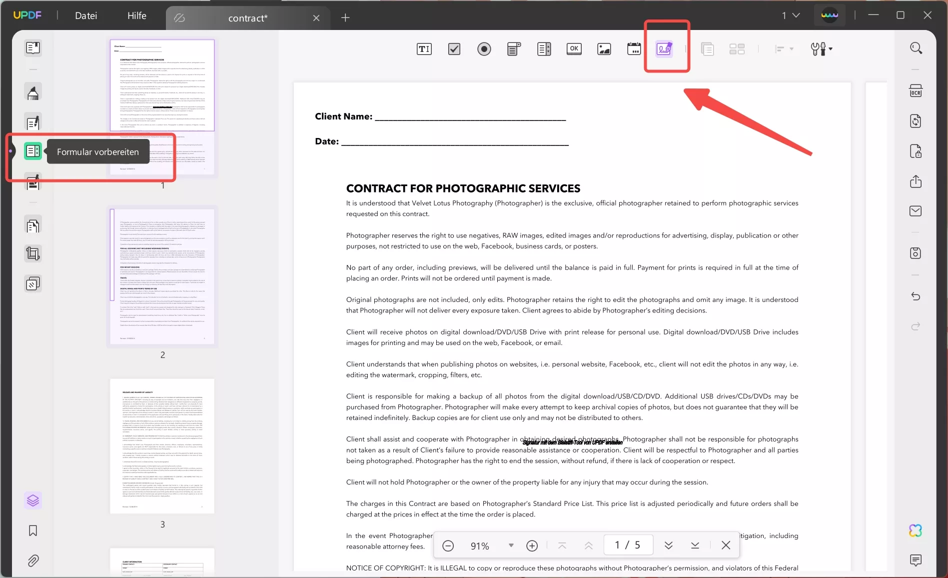 Formular zum Einfügen der Signatur vorbereiten