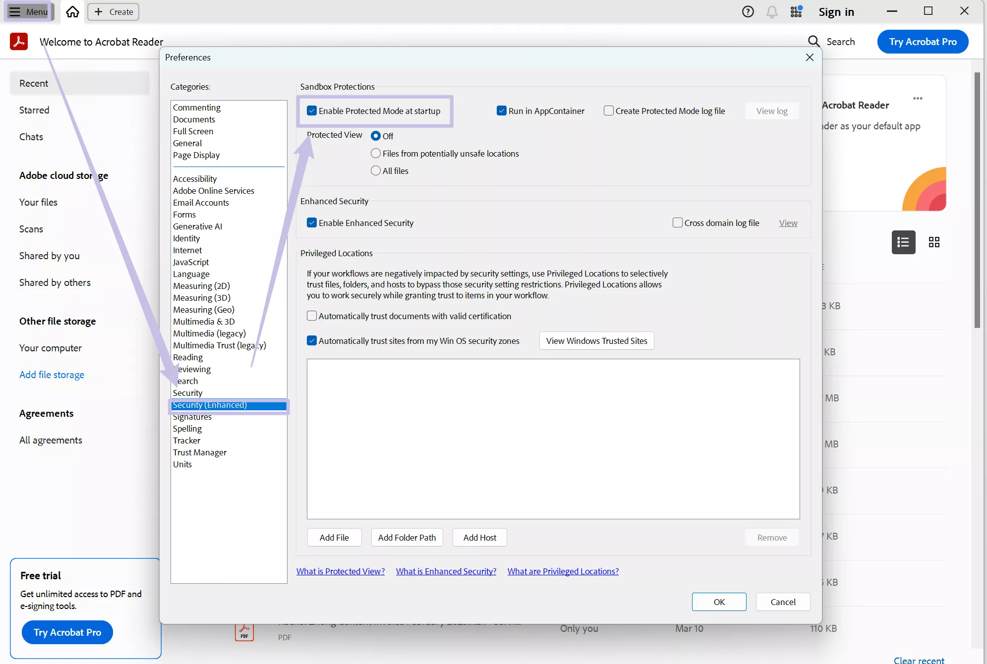 enable protected mode at startup acrobat