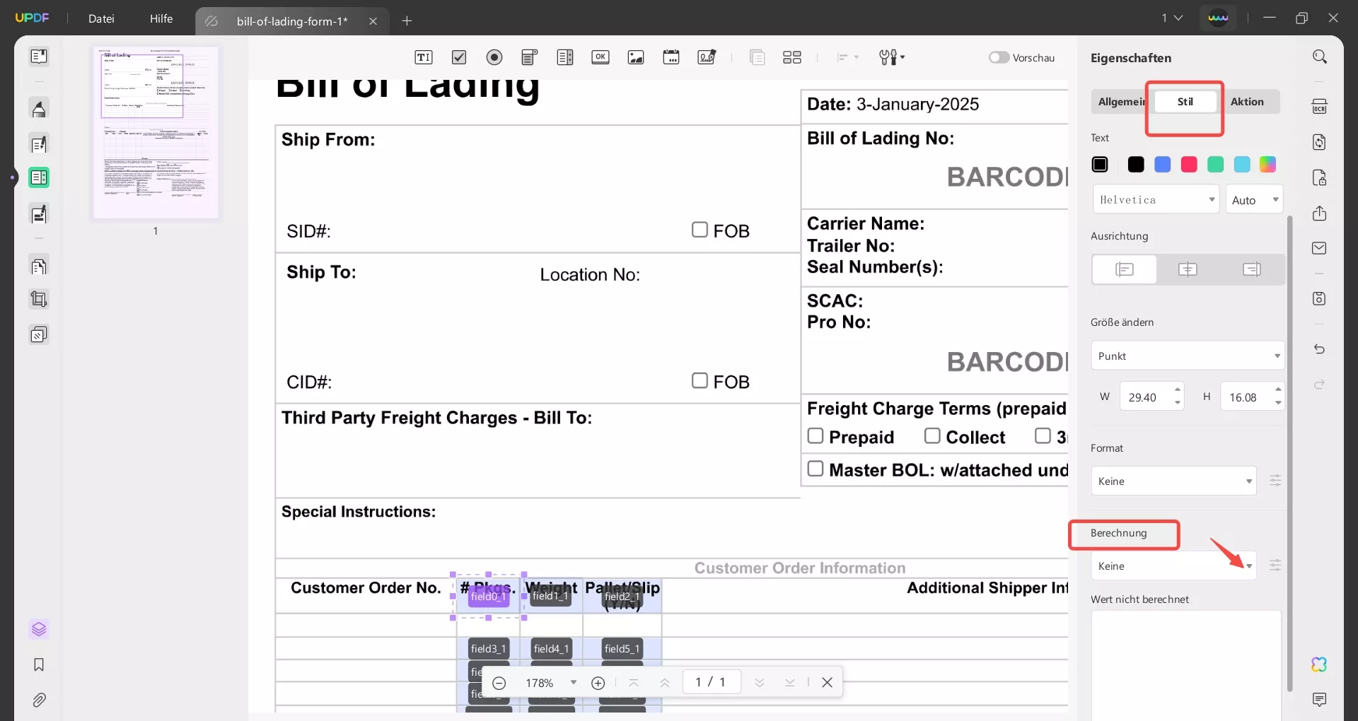 Berechnungsfunktion von UPDF verwenden