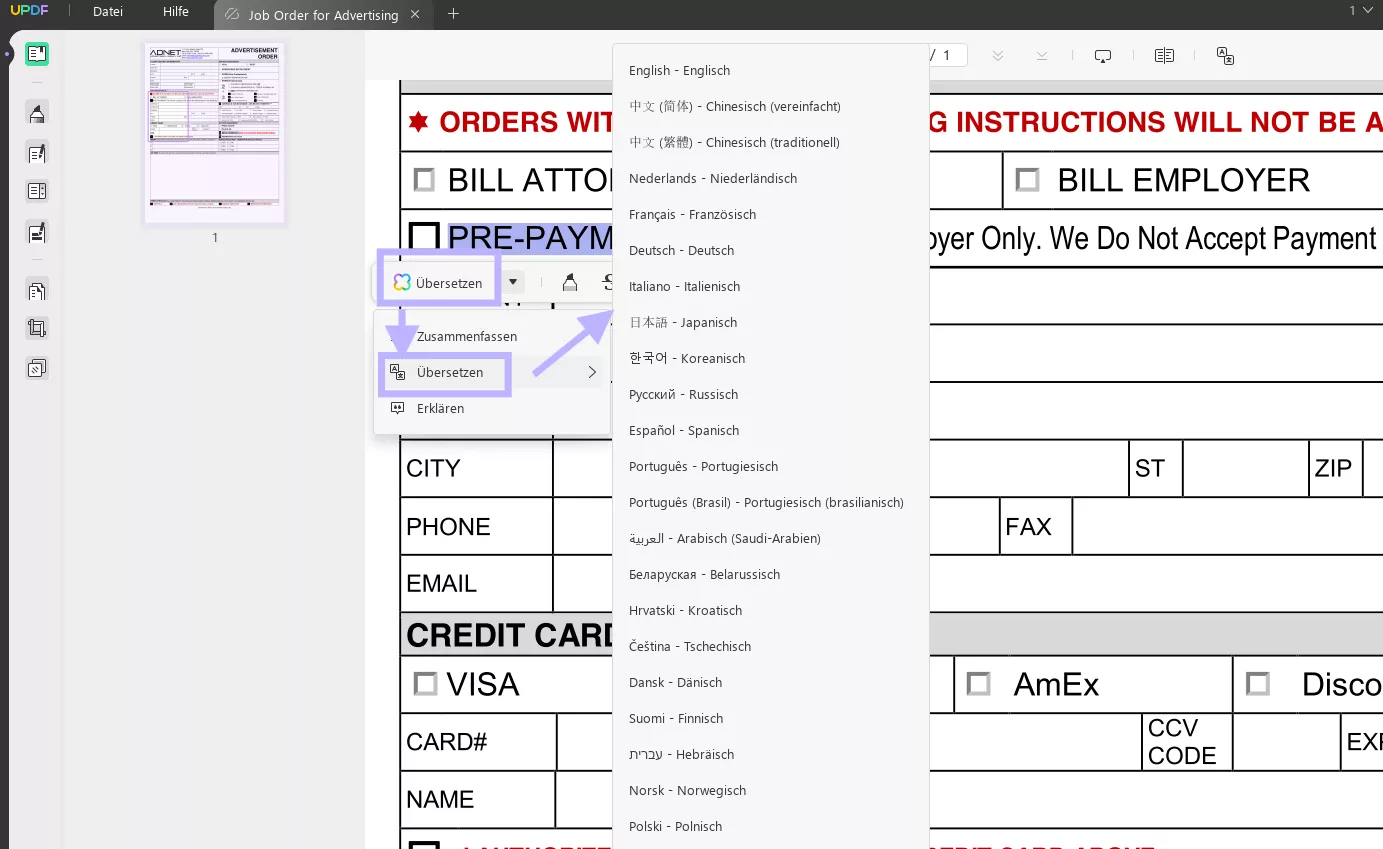 wählen Sie zur Übersetzung von updf ai windows