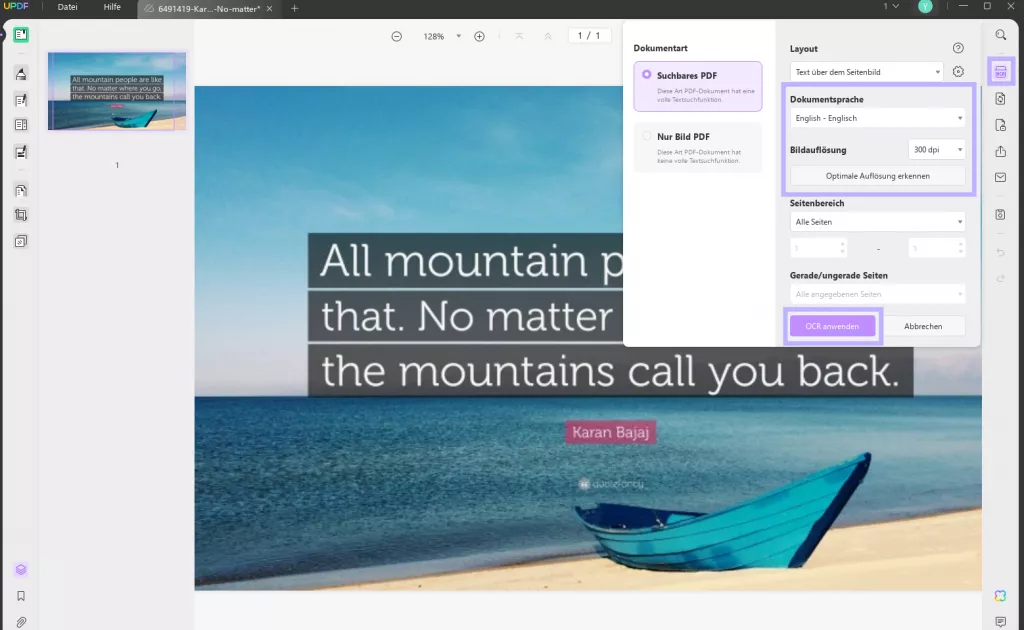 Wählen Sie Sprache und Bildauflösung