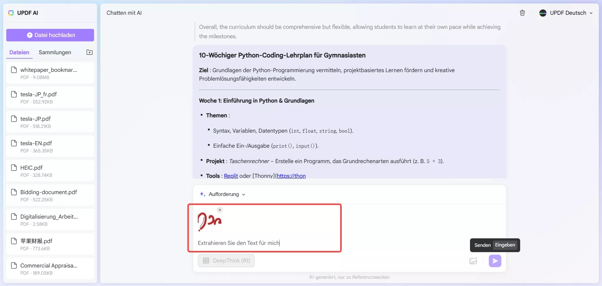 Geben Sie eine Eingabeaufforderung zum Extrahieren von Text ein