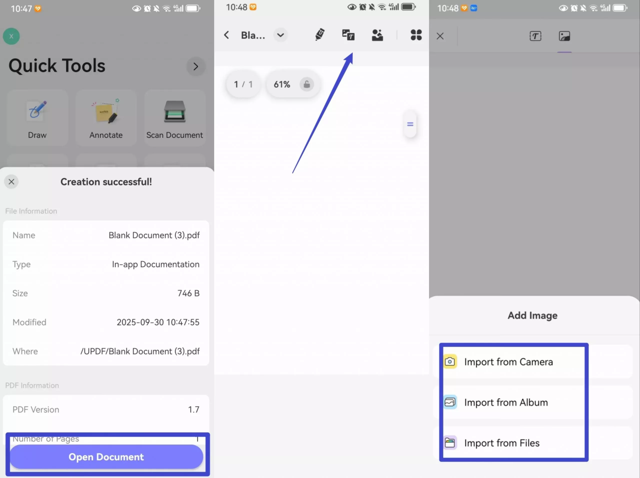 import images to blank document updf android