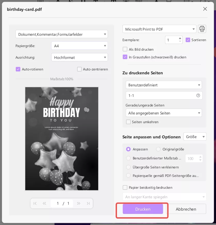 passen Sie die Ausrichtung an und klicken Sie auf "Drucken"