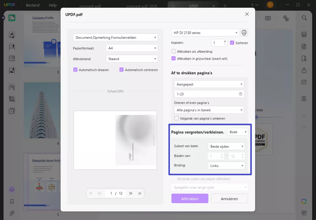 Open print settings to print pdf as booklet