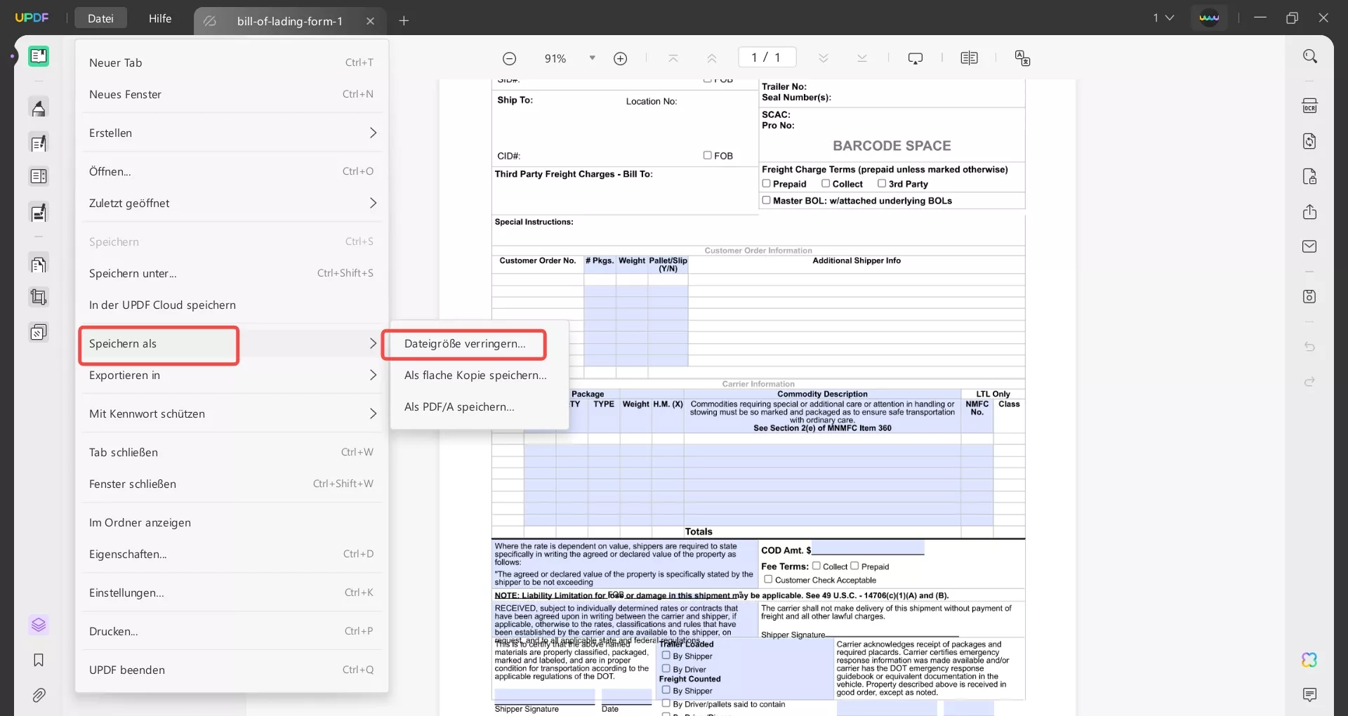 Zugriff auf die Option zur Reduzierung der Dateigröße