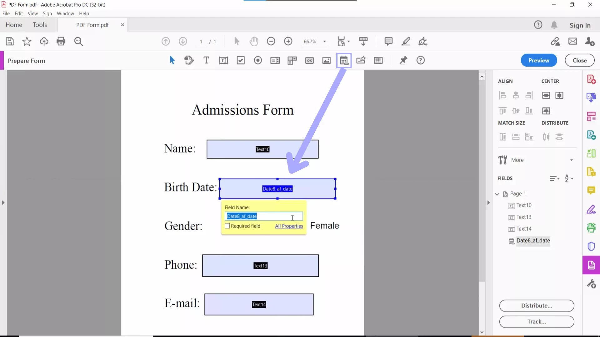 select date field acrobat