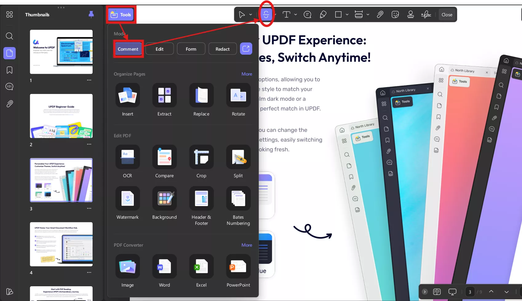 Using the Strikethrough annotation tool in UPDF desktop version to mark PDF text