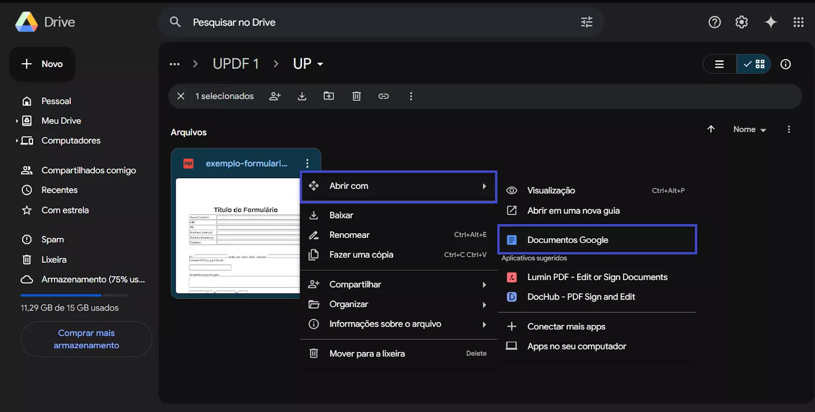 vá para "abrir com" e clique em "google docs"