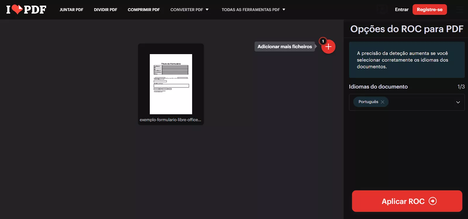 aplicar ocr em ilovepdf