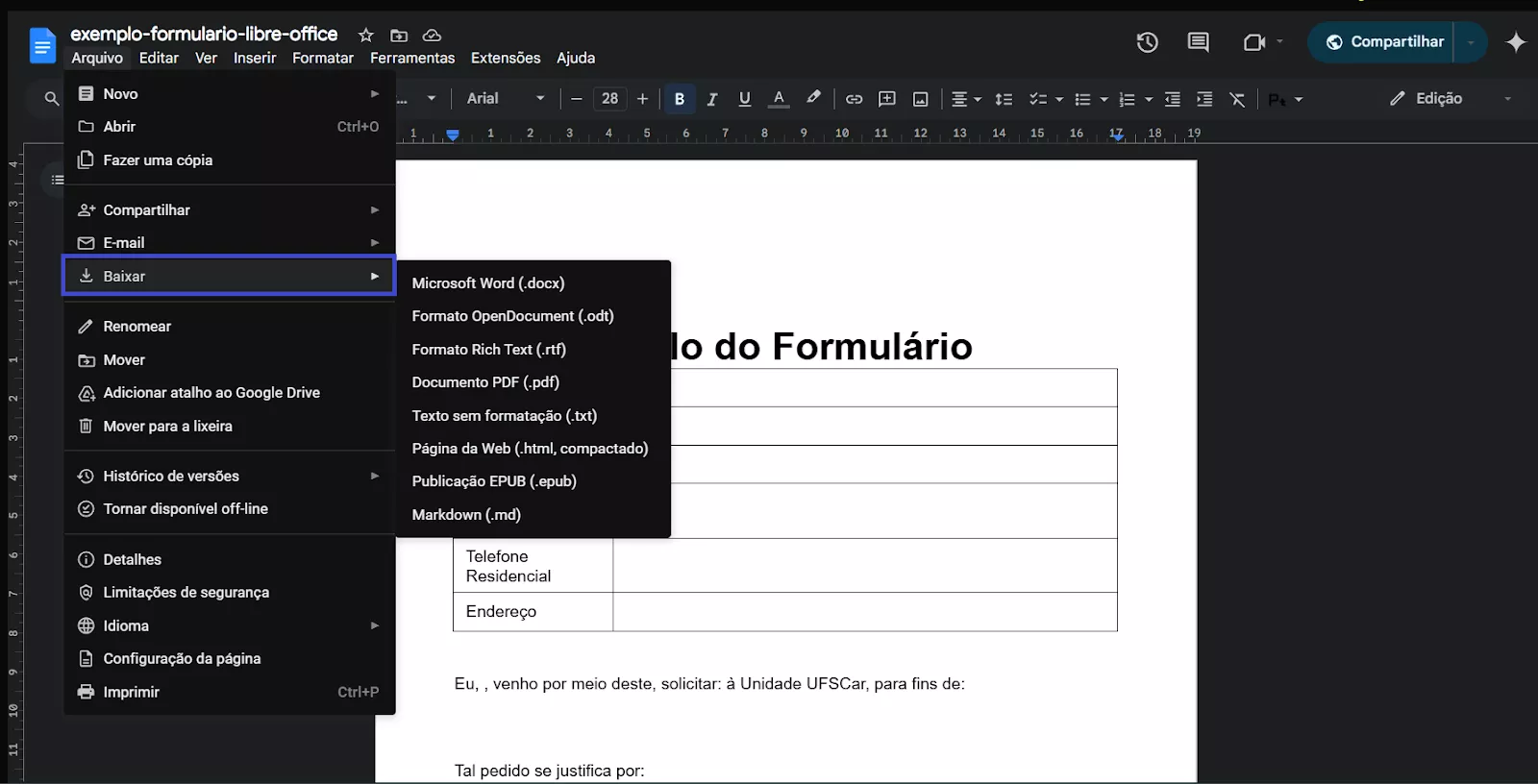 você pode clicar em "arquivo" > "download" > "pdf"
