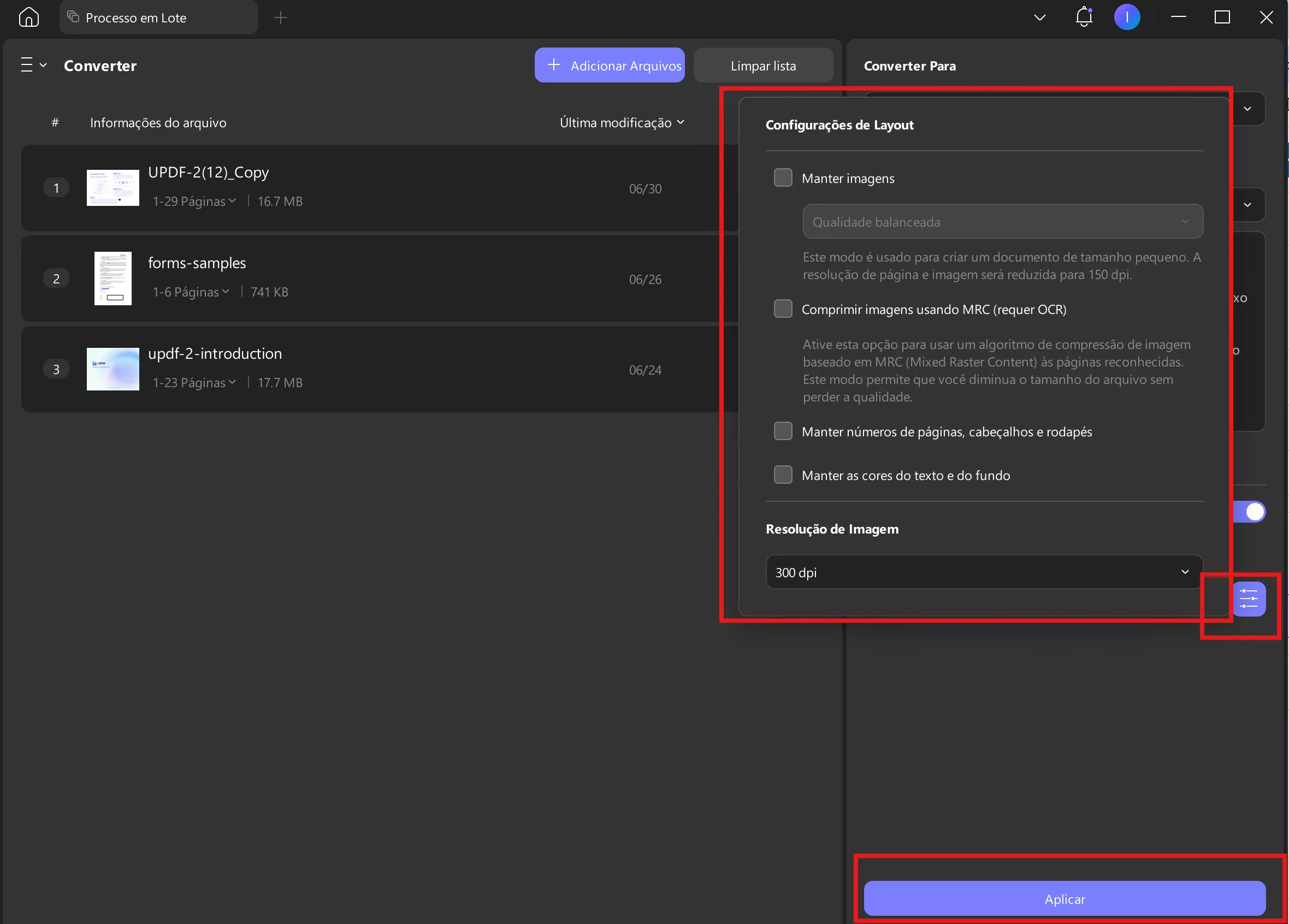 altere as configurações de layout e clique em "aplicar".