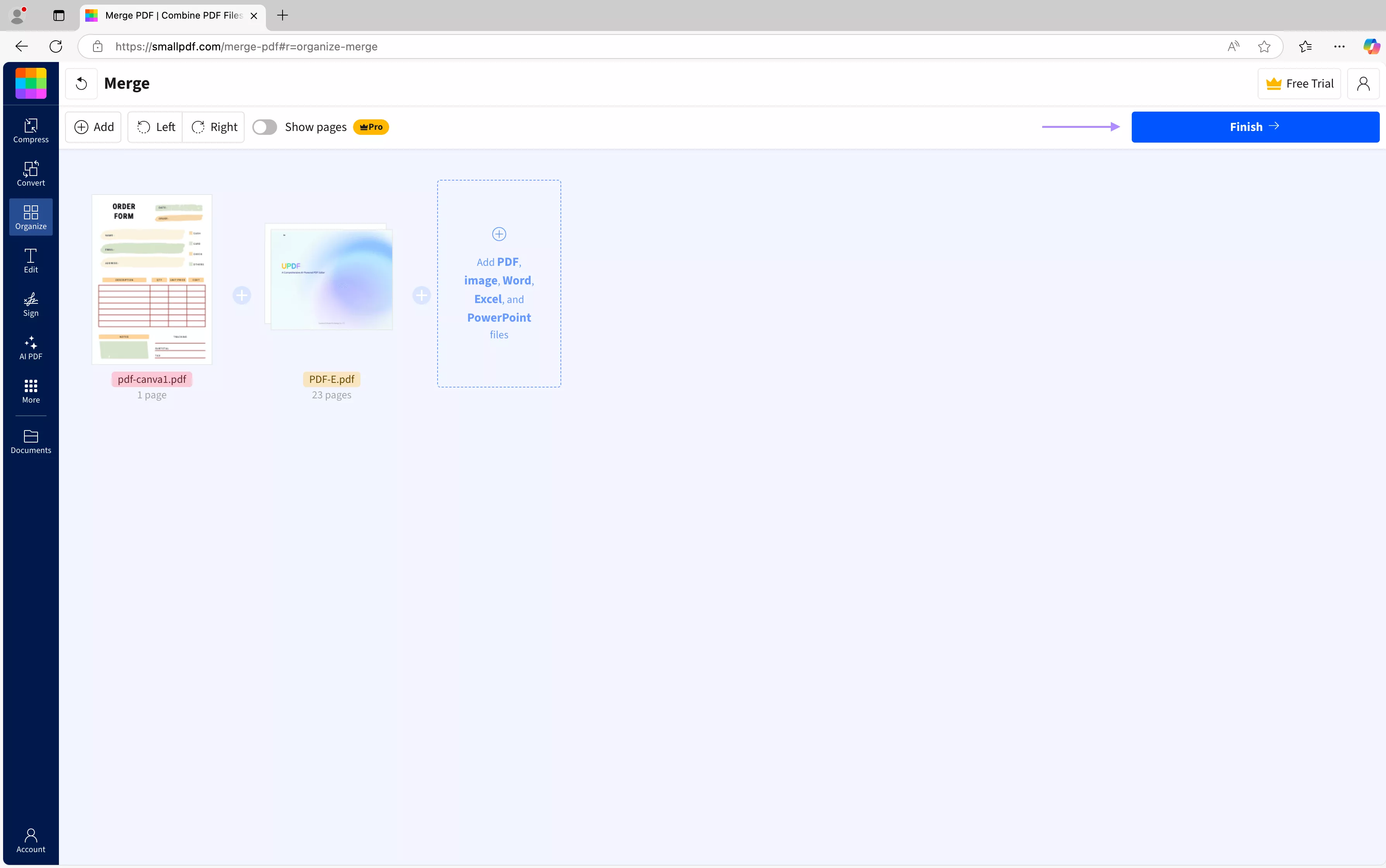 finish to merge pdf Microsoft edge