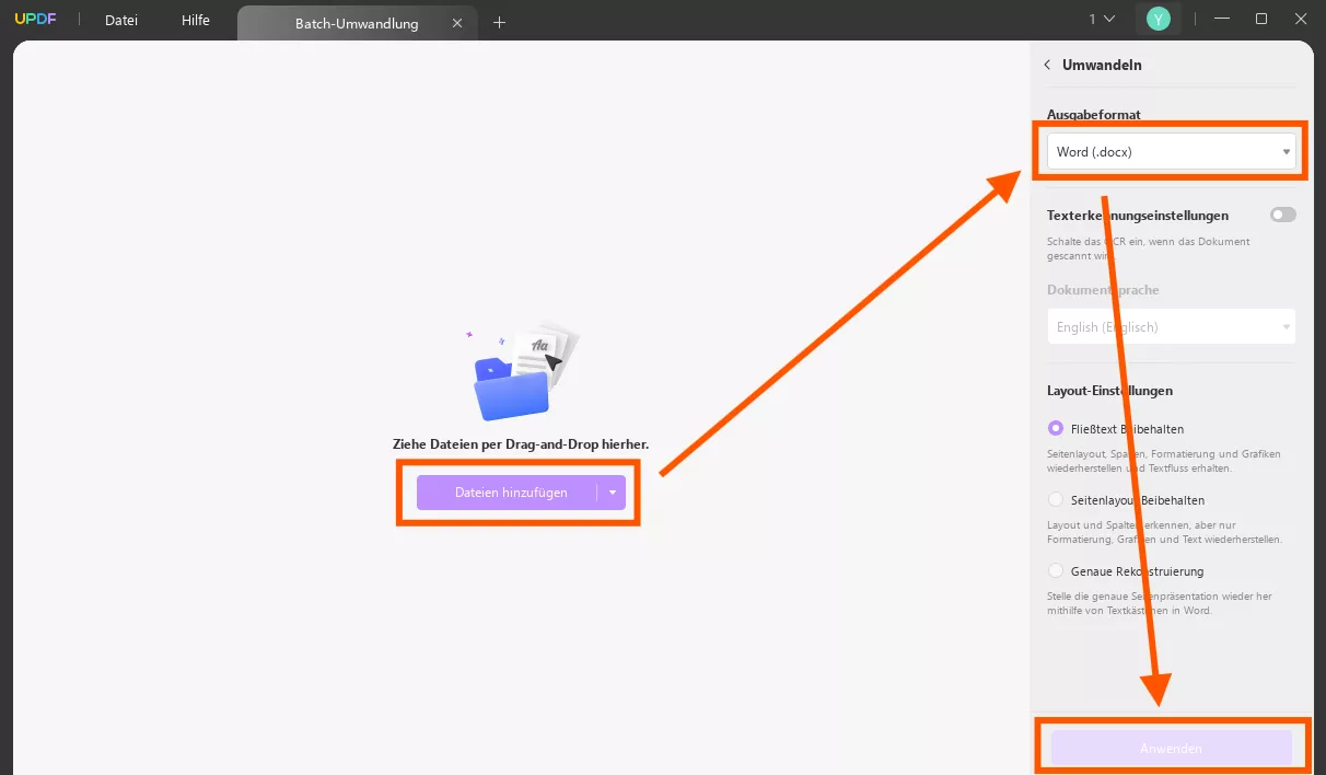 Dateien hinzufügen, um PDF mit UPDF stapelweise in Word zu konvertieren