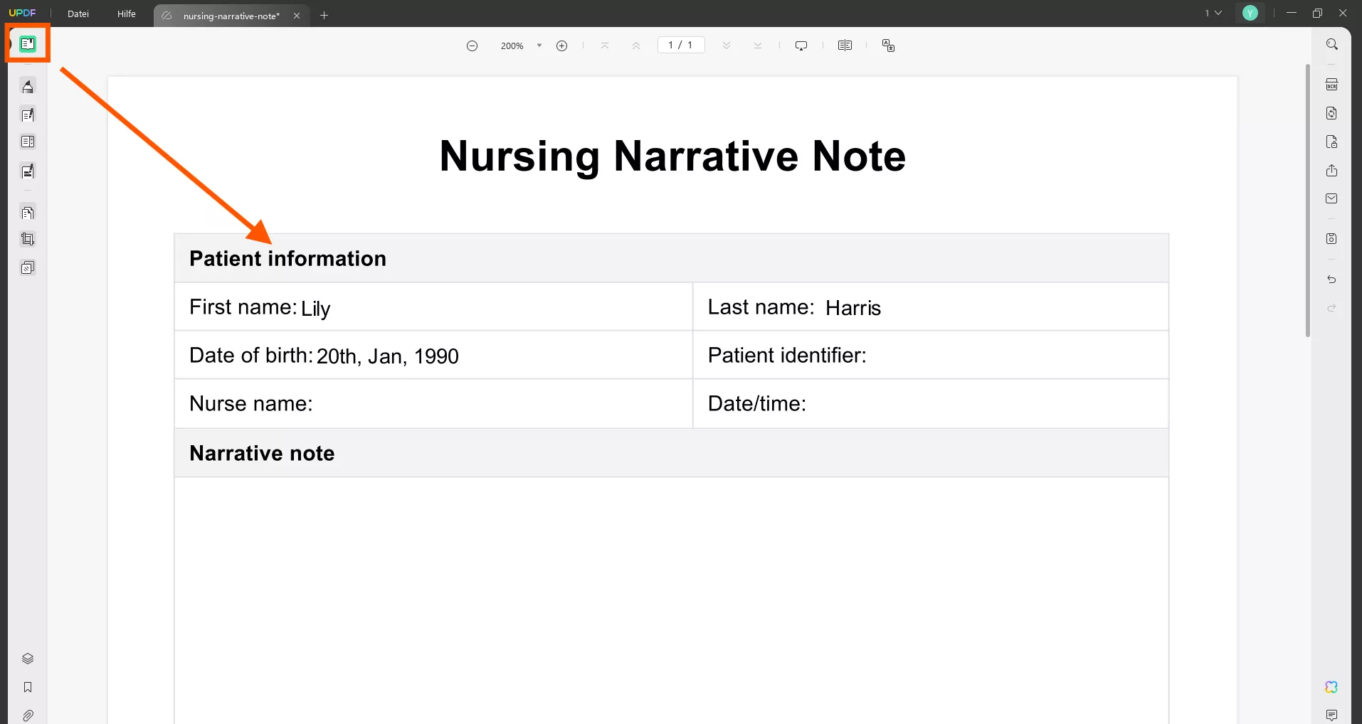 Füllen Sie Pflegenotizen als PDF-Beispiele mit UPDF aus