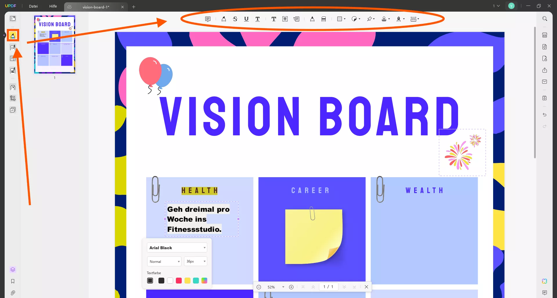 Vision Board-Vorlage mit Anmerkungen