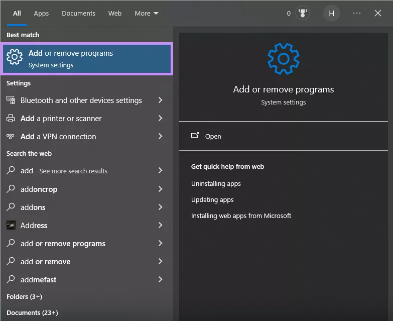 open the add or remove programs tool windows