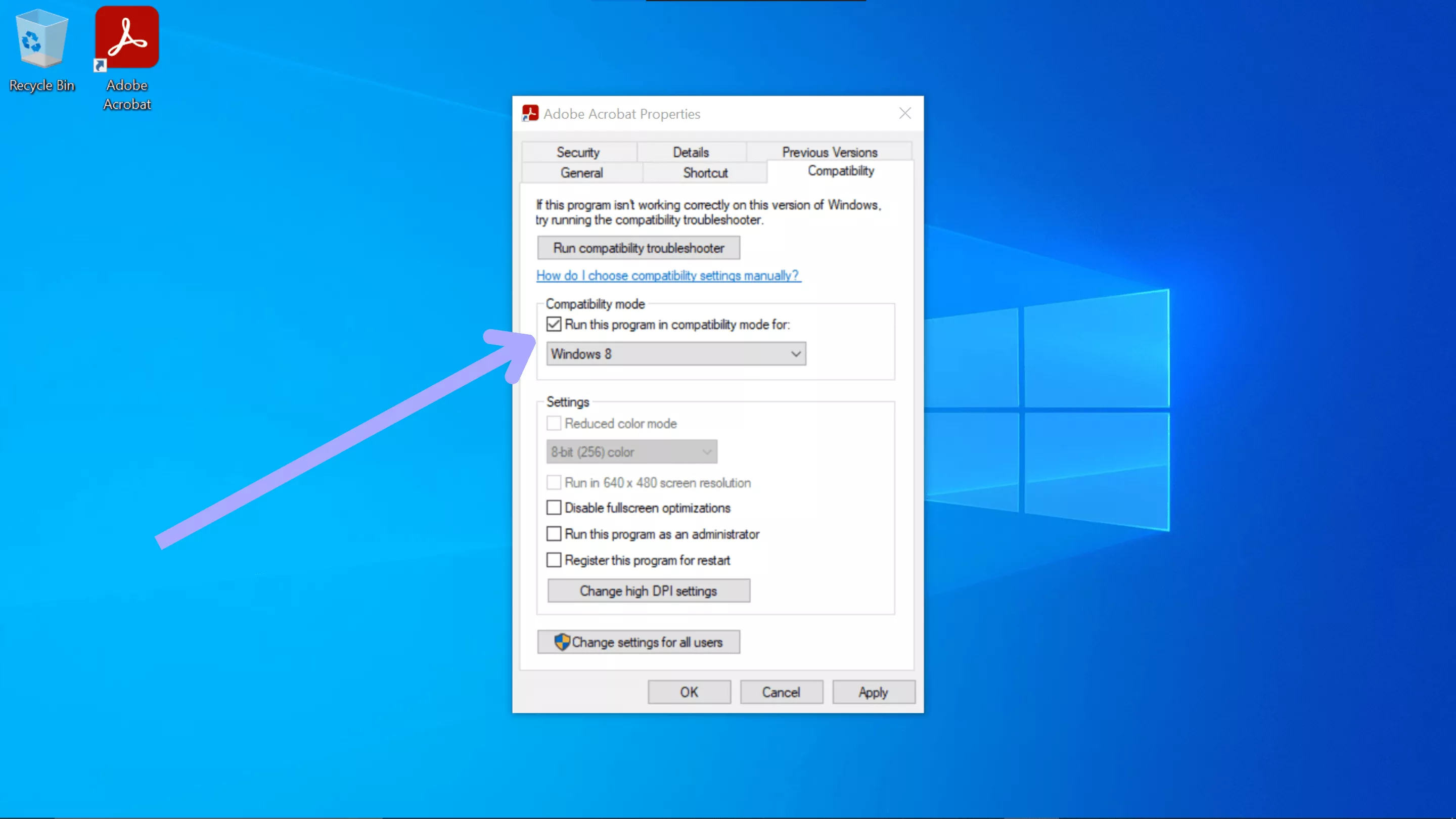 Adobe Acrobat uitvoeren in compatibiliteitsmodus
