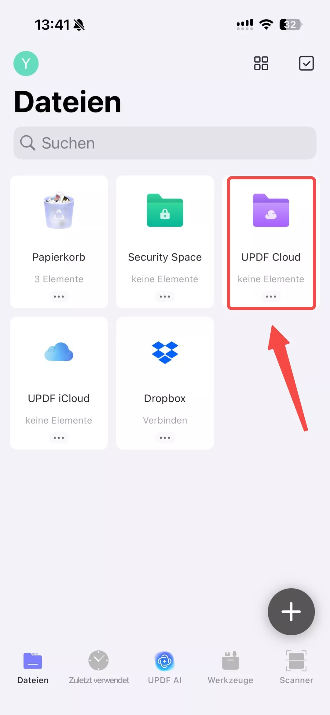 Tippen Sie auf die Option updf cloud in updf