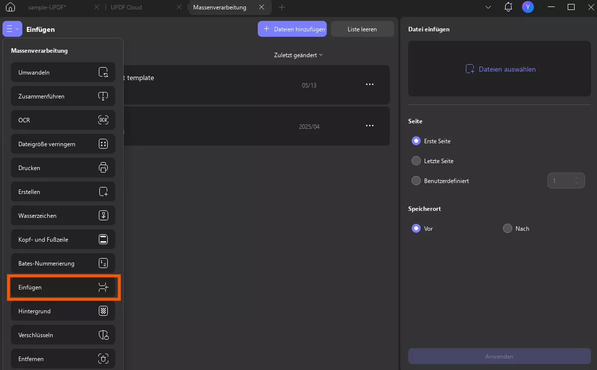 Zugriff auf und Auffinden der Funktion zum Einfügen von Stapeln in Updf Windows 2