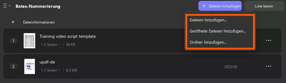 Dateien zur Stapelnummerierung hinzufügen updf windows 2