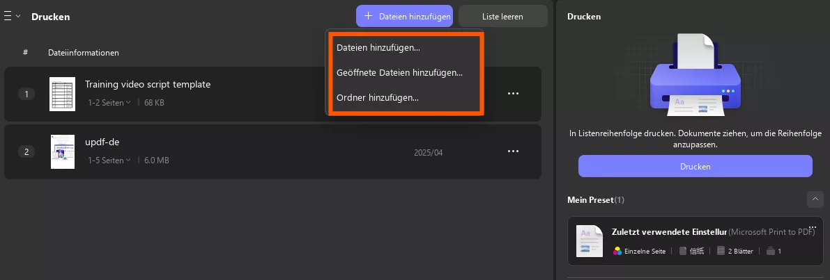 Dateien zum Stapeldruckbereich hinzufügen updf Windows