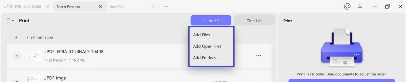 add files to batch print section updf windows