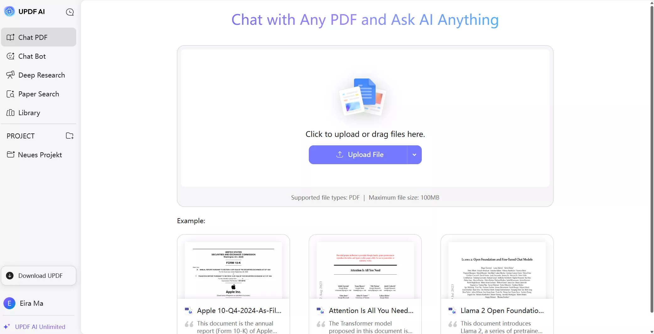 chat pdf updf ai online interface