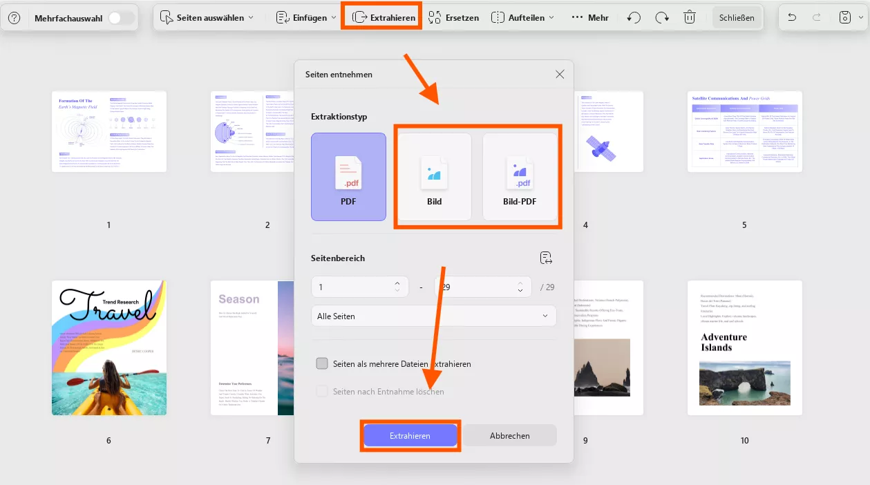 Unterstützt das Extrahieren von Seiten in Bilder oder Bild-PDF