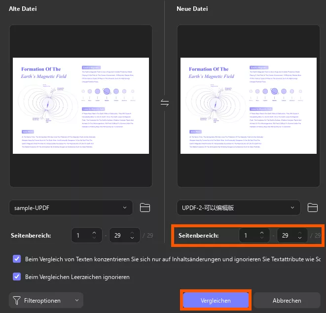 Wählen Sie den Seitenbereich zum Vergleichen von Updf Windows 2