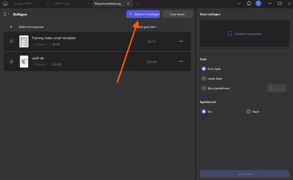 Klicken Sie auf die Schaltfläche „Dateien hinzufügen”, um mehrere Dateien gleichzeitig einzufügen. UPDF Windows 2
