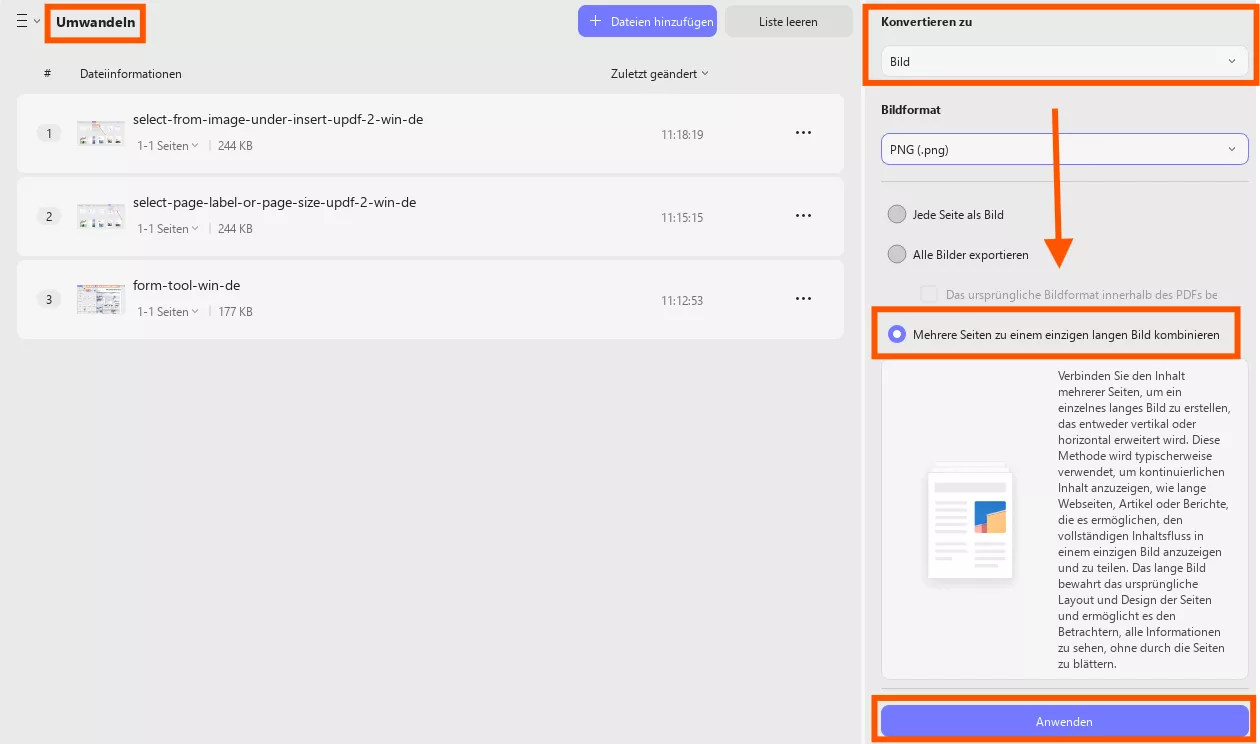 Kombinieren Sie mehrere Seiten zu einem einzigen langen Bild