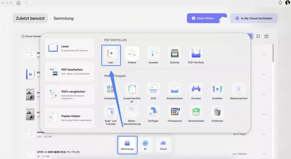 „Werkzeuge“ > „Leer“