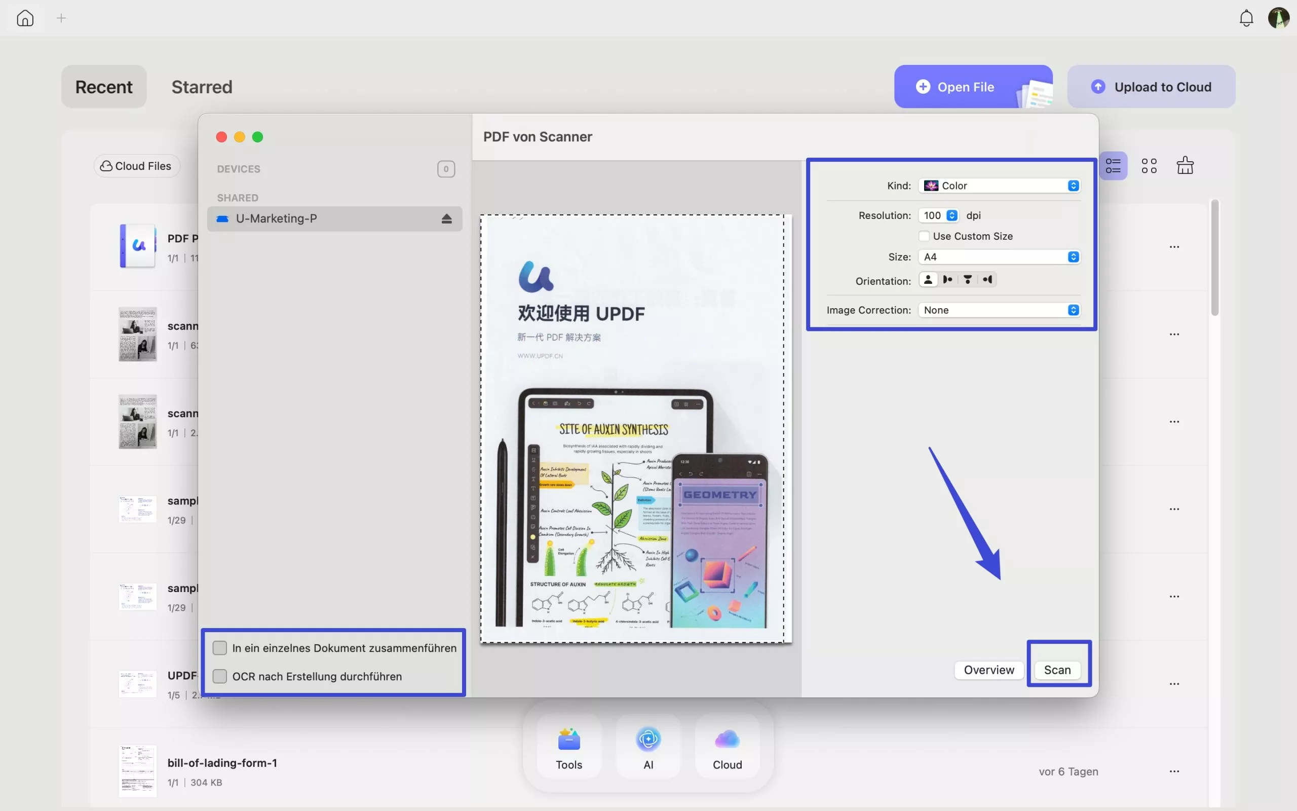 Erstellen einer PDF-Datei vom Scanner